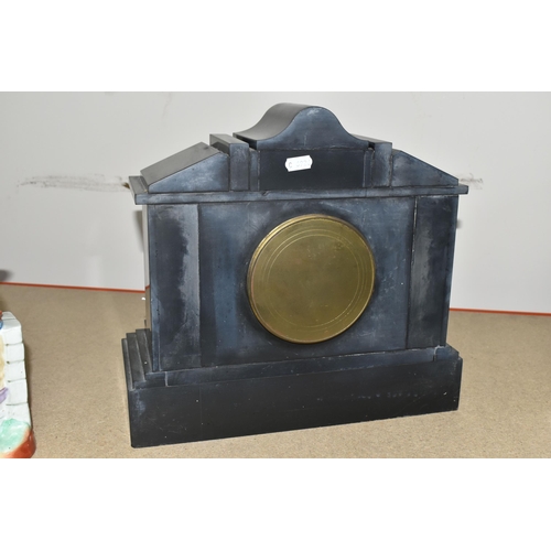 331 - A BLACK SLATE VICTORIAN MANTEL CLOCK, a late Victorian large black slate cased mantel clock of archi... 