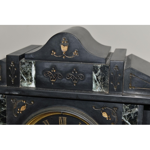 331 - A BLACK SLATE VICTORIAN MANTEL CLOCK, a late Victorian large black slate cased mantel clock of archi... 