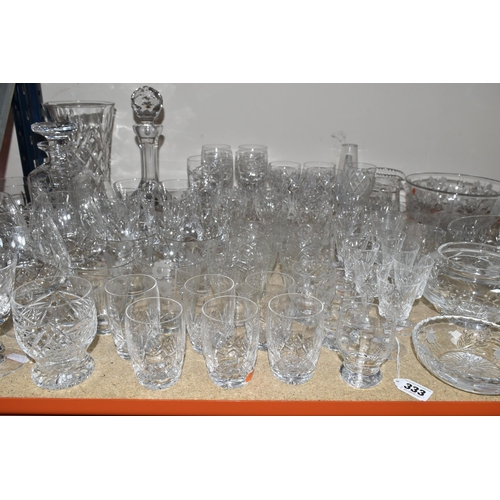 333 - A QUANTITY OF CUT CRYSTAL AND GLASSWARE, comprising a Waterford fruit bowl, Stuart Crystal bonbon di... 