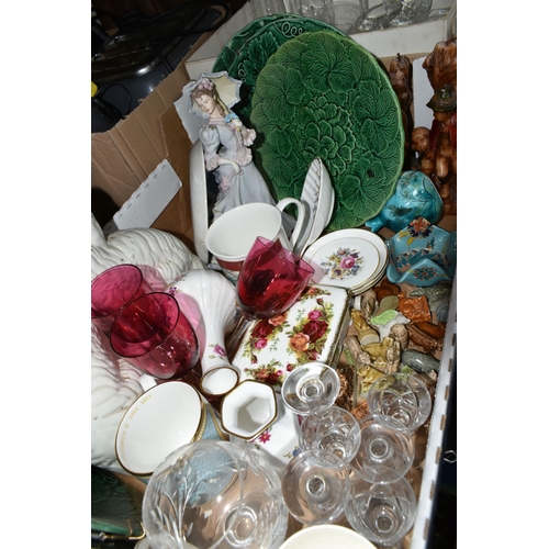 337 - FIVE BOXES OF CERAMICS, GLASSWARE AND SUNDRIES, to include Minton's 'Forget-me-not' 3383 pattern tea... 