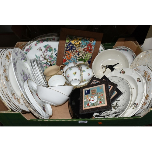 337 - FIVE BOXES OF CERAMICS, GLASSWARE AND SUNDRIES, to include Minton's 'Forget-me-not' 3383 pattern tea... 