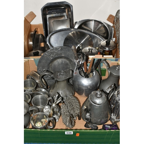 339 - TWO BOXES OF PEWTER AND STAINLESS STEEL TEAWARE, to include a Keswick Industrial Arts School stainle... 