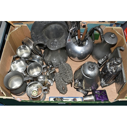 339 - TWO BOXES OF PEWTER AND STAINLESS STEEL TEAWARE, to include a Keswick Industrial Arts School stainle... 