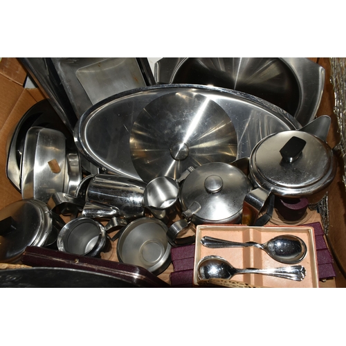 339 - TWO BOXES OF PEWTER AND STAINLESS STEEL TEAWARE, to include a Keswick Industrial Arts School stainle... 