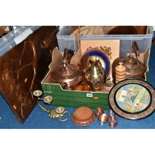 340 - TWO BOXES OF METALWARE AND TREEN, to include two copper kettles, seven copper napkin rings, burr woo... 