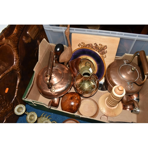 340 - TWO BOXES OF METALWARE AND TREEN, to include two copper kettles, seven copper napkin rings, burr woo... 