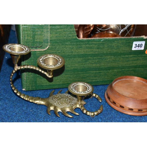 340 - TWO BOXES OF METALWARE AND TREEN, to include two copper kettles, seven copper napkin rings, burr woo... 