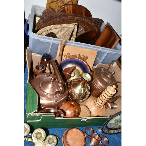 340 - TWO BOXES OF METALWARE AND TREEN, to include two copper kettles, seven copper napkin rings, burr woo... 