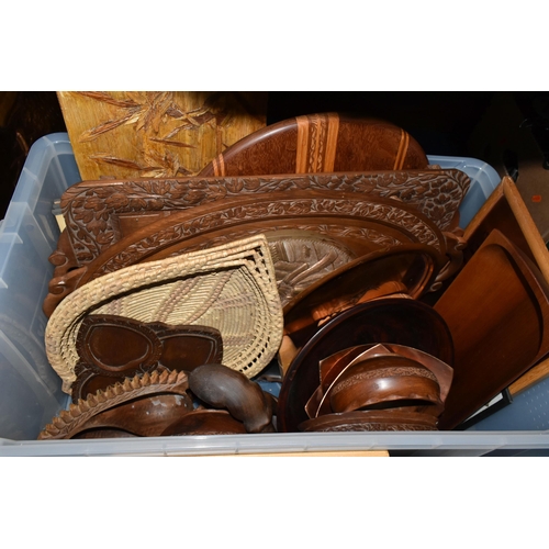 340 - TWO BOXES OF METALWARE AND TREEN, to include two copper kettles, seven copper napkin rings, burr woo... 