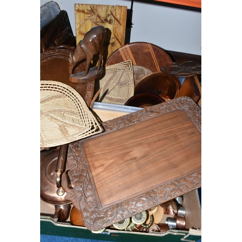 340 - TWO BOXES OF METALWARE AND TREEN, to include two copper kettles, seven copper napkin rings, burr woo... 