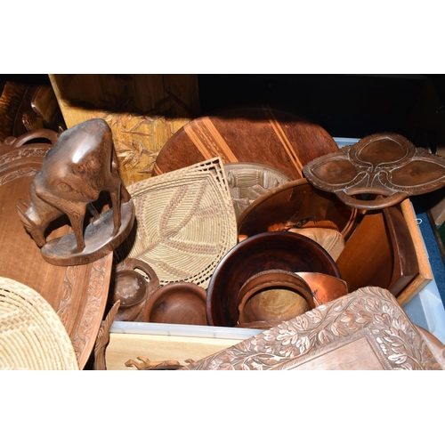 340 - TWO BOXES OF METALWARE AND TREEN, to include two copper kettles, seven copper napkin rings, burr woo... 