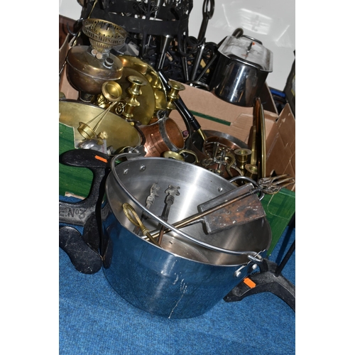 341 - TWO BOXES OF METALWARE, to include a mid- century Danish stainless steel four flame candelabra, stai... 