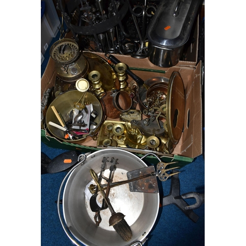 341 - TWO BOXES OF METALWARE, to include a mid- century Danish stainless steel four flame candelabra, stai... 