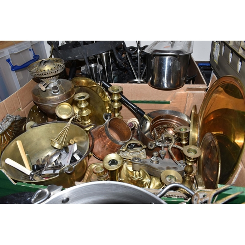 341 - TWO BOXES OF METALWARE, to include a mid- century Danish stainless steel four flame candelabra, stai... 