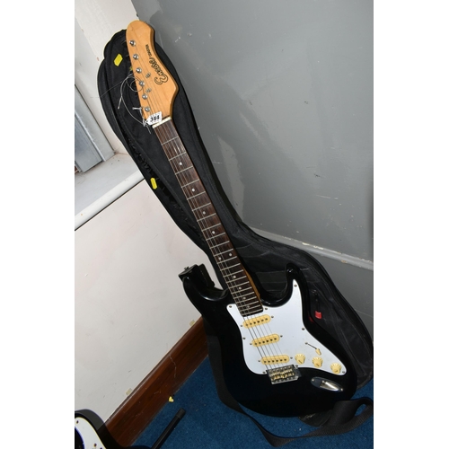 344 - AN ENCORE COASTER STRATOCASTER STYLE ELECTRIC GUITAR, with a black finish, maple neck and tremolo, t... 