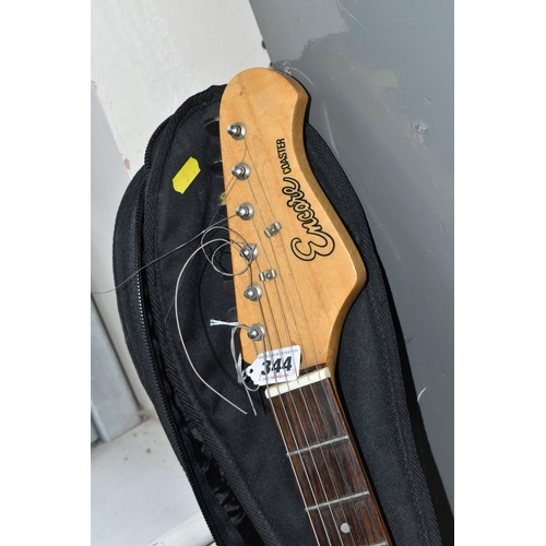 344 - AN ENCORE COASTER STRATOCASTER STYLE ELECTRIC GUITAR, with a black finish, maple neck and tremolo, t... 