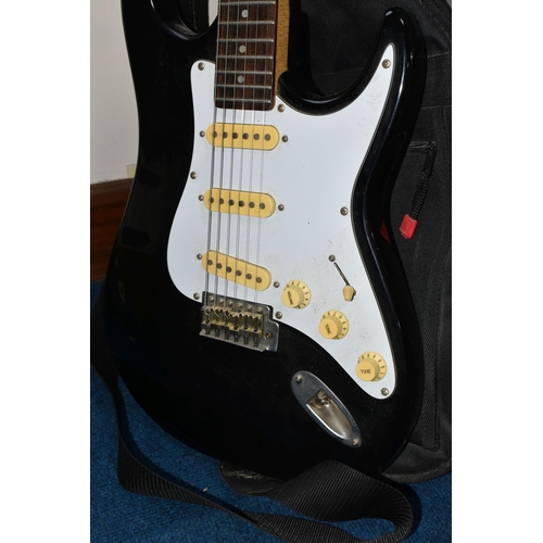 344 - AN ENCORE COASTER STRATOCASTER STYLE ELECTRIC GUITAR, with a black finish, maple neck and tremolo, t... 