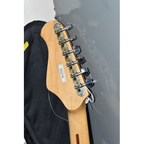 344 - AN ENCORE COASTER STRATOCASTER STYLE ELECTRIC GUITAR, with a black finish, maple neck and tremolo, t... 