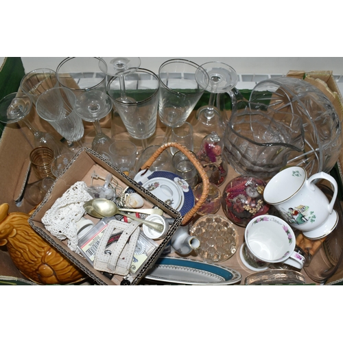 361 - THREE BOXES AND LOOSE CERAMICS, GLASS AND METAL WARES, to include thirty pieces of Aynsley Cottage G... 