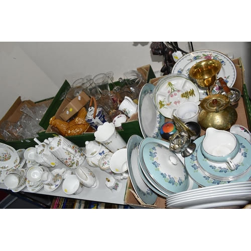 361 - THREE BOXES AND LOOSE CERAMICS, GLASS AND METAL WARES, to include thirty pieces of Aynsley Cottage G... 