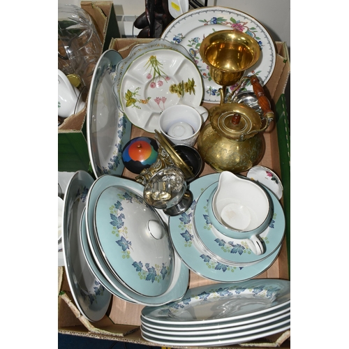 361 - THREE BOXES AND LOOSE CERAMICS, GLASS AND METAL WARES, to include thirty pieces of Aynsley Cottage G... 