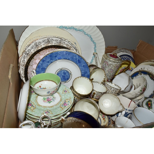 371 - FOUR BOXES OF CERAMIC AND GLASS ETC, to include Wedgwood 'Downland' tea wares, two Wedgwood Charles ... 