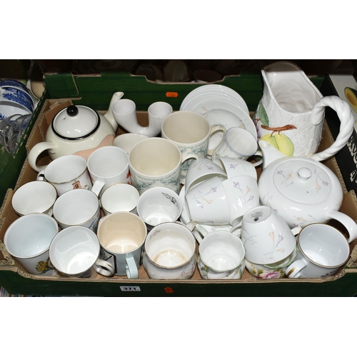 371 - FOUR BOXES OF CERAMIC AND GLASS ETC, to include Wedgwood 'Downland' tea wares, two Wedgwood Charles ... 