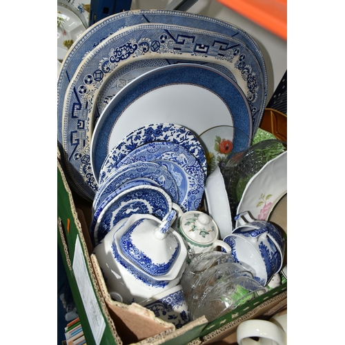 371 - FOUR BOXES OF CERAMIC AND GLASS ETC, to include Wedgwood 'Downland' tea wares, two Wedgwood Charles ... 