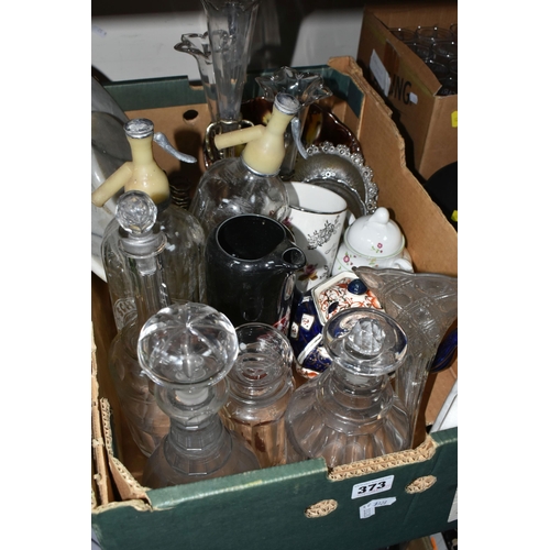 373 - TWO BOXES AND LOOSE GLASS, CERAMICS AND COOK WARES ETC, to include twenty-two Carling half pint glas... 