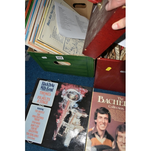 374 - FIVE BOXES AND LOOSE RECORDS, BOOKS AND CLOTHING ETC, 78rpm records include Bing Crosby, Alma Coogan... 