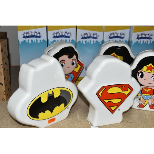 380 - FIVE BOXED D.C SUPER FRIENDS MONEY BANKS, comprising two 'Superman', two 'Wonder Woman' (one has cra... 