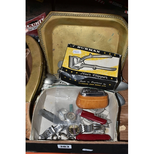 383 - THREE BOXES OF MISCELLANEOUS SUNDRIES, to include a Brevette 'Roamer' wrist watch 215999-180459 (mis... 