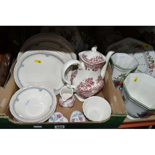 384 - THREE BOXES OF CERAMICS AND NOVELTY TEAPOTS, to include a Leonardo 'Crown and Sceptre' teapot, a Pri... 