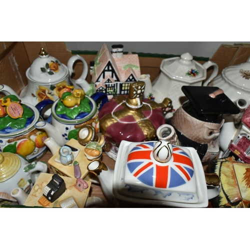 384 - THREE BOXES OF CERAMICS AND NOVELTY TEAPOTS, to include a Leonardo 'Crown and Sceptre' teapot, a Pri... 