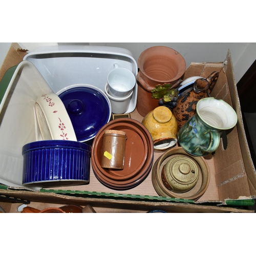 389 - FOUR BOXES AND LOOSE CERAMICS, to include a Denby Cotswold coffee pot, a TG Green 'Pork Dripping' po... 