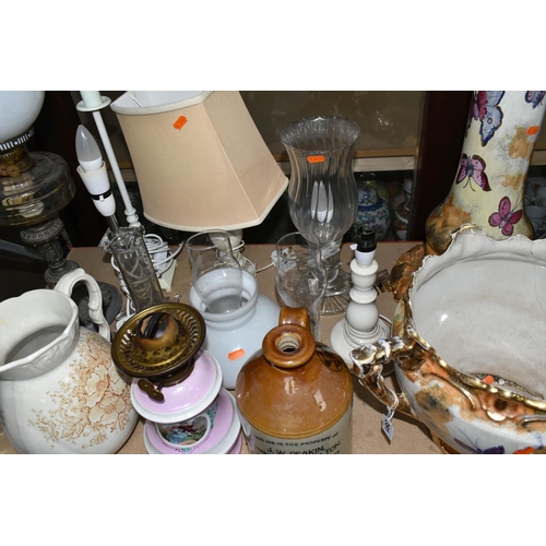 391 - A COLLECTION OF LAMPS AND LARGE CERAMIC ITEMS, to include two Duplex oil lamps, one with metal base ... 