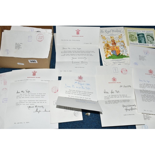 395 - ONE BOX OF ROYAL EPHEMERA containing thirty-nine letters from Buckingham Palace, Clarence House, St.... 