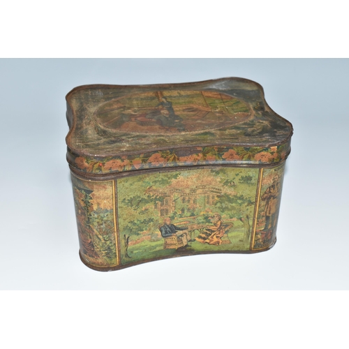 396 - A BARRINGER WALLIS & MANNERS LIMITED VICTORIAN BISCUIT TIN, its curved form decorated with political... 