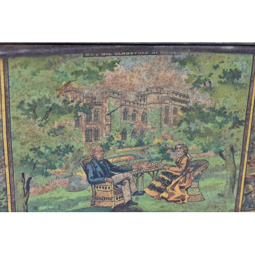 396 - A BARRINGER WALLIS & MANNERS LIMITED VICTORIAN BISCUIT TIN, its curved form decorated with political... 