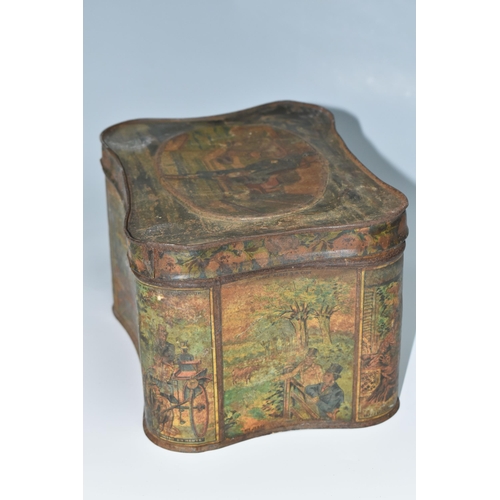 396 - A BARRINGER WALLIS & MANNERS LIMITED VICTORIAN BISCUIT TIN, its curved form decorated with political... 