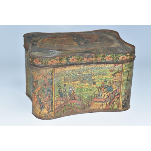 396 - A BARRINGER WALLIS & MANNERS LIMITED VICTORIAN BISCUIT TIN, its curved form decorated with political... 