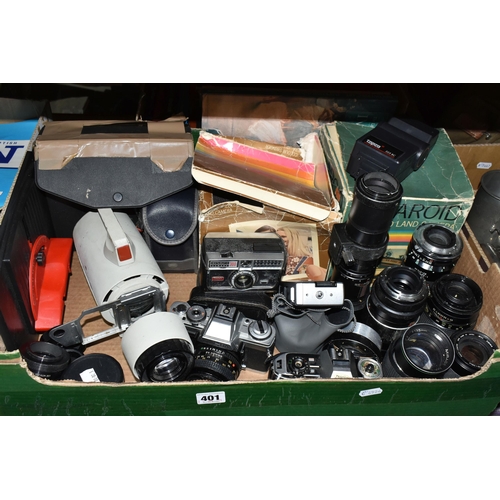 401 - TWO BOXES OF CAMERAS, ACCESSORIES AND PHOTOGRAPHY BOOKS, to include a Minolta XG-M fitted with an f1... 