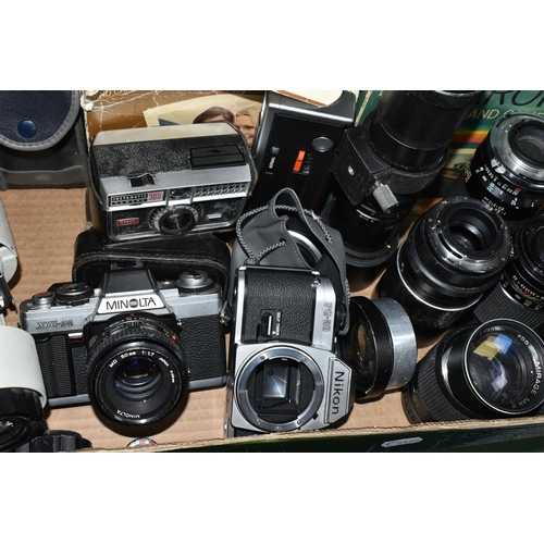 401 - TWO BOXES OF CAMERAS, ACCESSORIES AND PHOTOGRAPHY BOOKS, to include a Minolta XG-M fitted with an f1... 