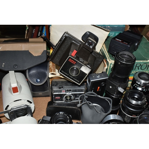 401 - TWO BOXES OF CAMERAS, ACCESSORIES AND PHOTOGRAPHY BOOKS, to include a Minolta XG-M fitted with an f1... 