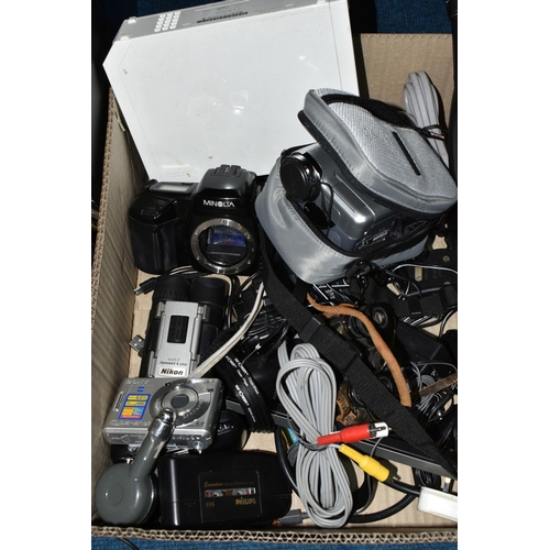 404 - A BOX OF CAMERAS AND ELECTRONICS, to include a Nintendo Wii with power supply, a Sony Cyber-shot DSC... 