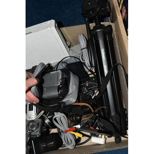 404 - A BOX OF CAMERAS AND ELECTRONICS, to include a Nintendo Wii with power supply, a Sony Cyber-shot DSC... 