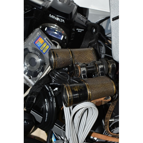 404 - A BOX OF CAMERAS AND ELECTRONICS, to include a Nintendo Wii with power supply, a Sony Cyber-shot DSC... 