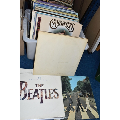 406 - TWO BOXES AND A CASE OF RECORDS, approximately ninety LPs to include The Beatles (White Album), firs... 