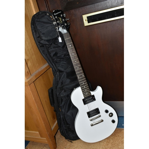 408 - A CASED EPIPHONE SPECIAL MODEL 2 LES PAUL STYLE ELECTRIC GUITAR, with white finish and bolt on neck,... 