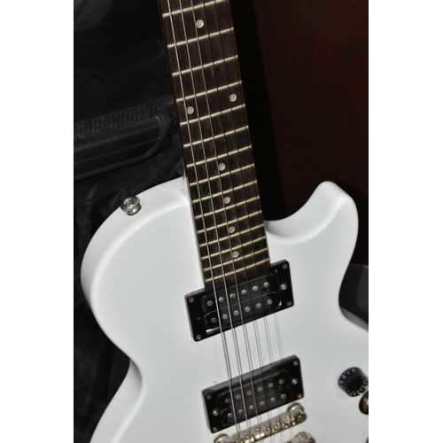 408 - A CASED EPIPHONE SPECIAL MODEL 2 LES PAUL STYLE ELECTRIC GUITAR, with white finish and bolt on neck,... 